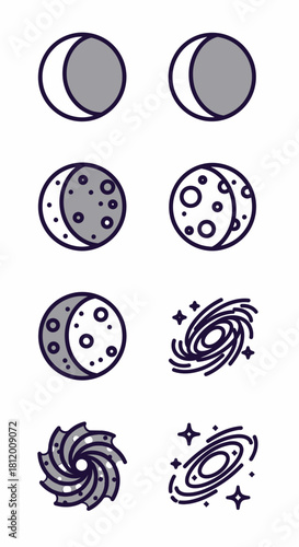 Moon Phases and Galaxy Icons - Stylized Celestial Bodies in Vector Format.