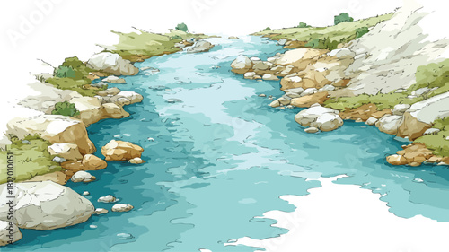 River Drawing with Flowing Water Vector Illustration