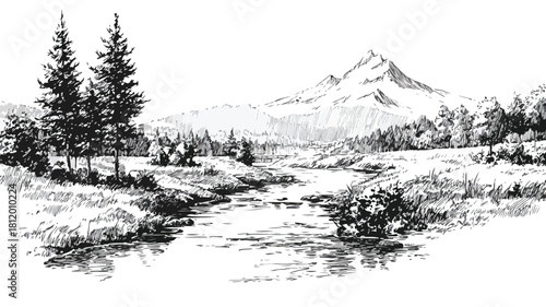 Scenic River and Mountain Vector Illustration for Professional Designs