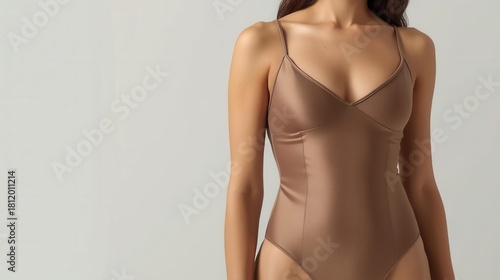 Stylish swimsuit mockup display studio setting fashion photography minimalist environment close-up viewpoint