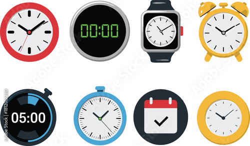 Collection of modern clock and timer icons including analog, digital, smartwatch, alarm, stopwatch, and calendar symbol for design