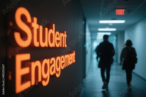 Student engagement sign with people walking in a hallway with an exit sign overhead