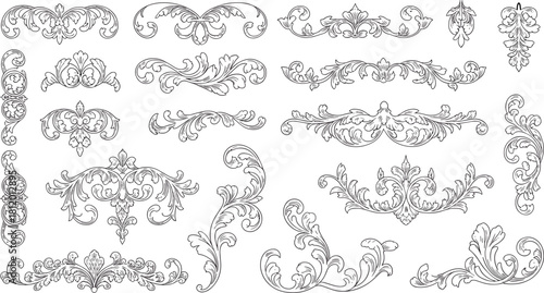 Collection of ornate vintage baroque floral elements and decorative borders in elegant line art style for classic design projects
