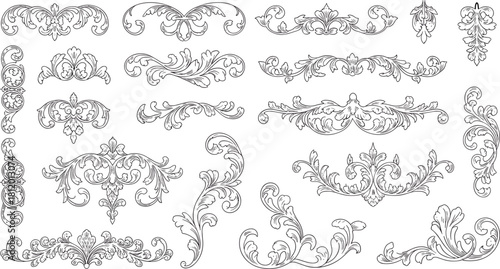 Collection of ornate vintage baroque floral elements and decorative borders in elegant line art style for classic design projects