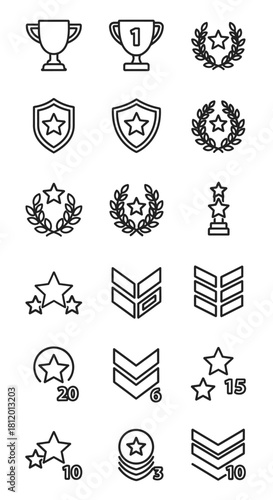 Minimalist outline icons depicting achievement, rank, and award symbols like trophies, stars, shields, and chevrons.