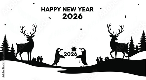 Whimsical New Year's Eve celebration with playful penguins and majestic reindeer under a starry sky.