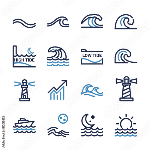 Minimalist Two-Tone Ocean Wave and Maritime Line Art Icons Set.
