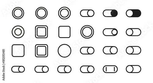 Minimalist UI toggle switches and radio buttons set, featuring various onoff states with clean black outlines.
