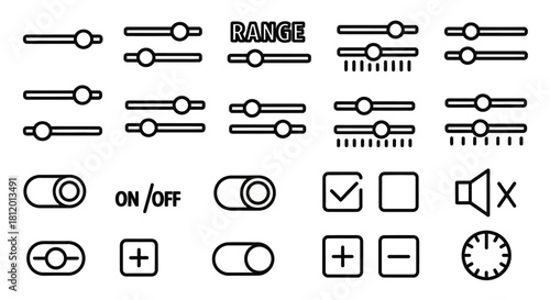 Minimalist UIUX line art icons set featuring various sliders, toggles, checkboxes, and control elements.