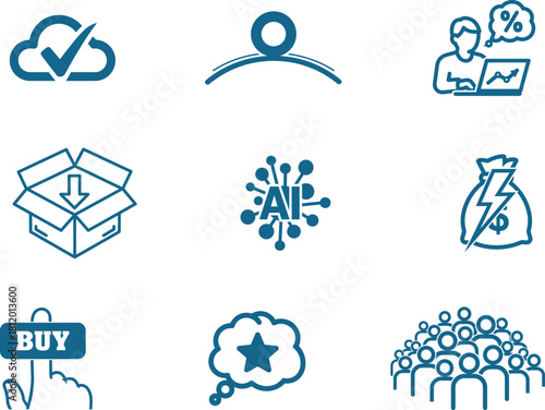 Set of Business and Technology Icons Representing Various Concepts Such as Cloud Computing Artificial Intelligence Online Shopping and Financial Growth Business Strategy and Customer Base