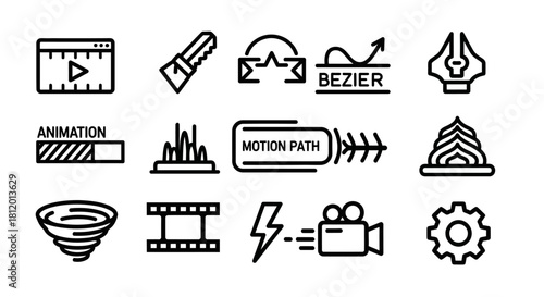 Modern black line art icons for video production, animation, and graphic design software.