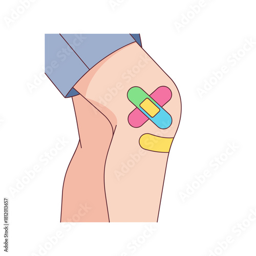 Knee with colorful band-aids applied after injury concept of medicine  