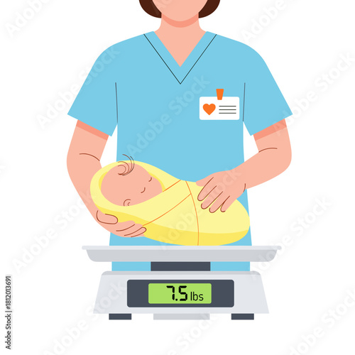 Nurse measuring newborn baby's weight on scale in hospital  