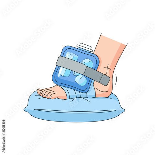 Ice pack on swollen ankle for injury treatment and recovery concept  