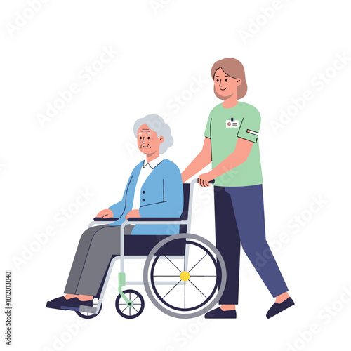 Young caregiver assisting elderly woman in wheelchair for health care  