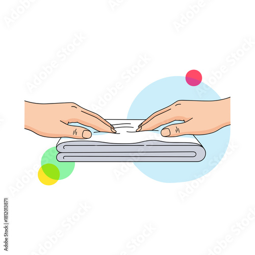 Hands folding gauze on white background with colorful circles  