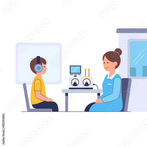 Young boy undergoing hearing test in audiology room with specialist  