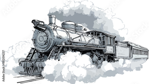 Vintage Train Illustration with Smoke Billowing Vector Artwork