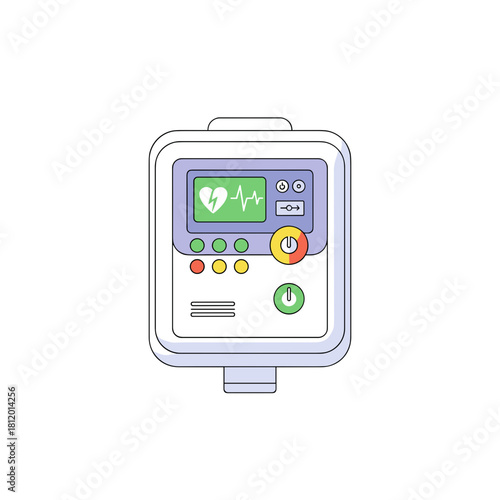 Defibrillator on wall displaying heartbeat monitor in medical setting  