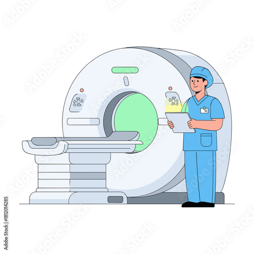 CT scanner technician standing beside medical imaging equipment  