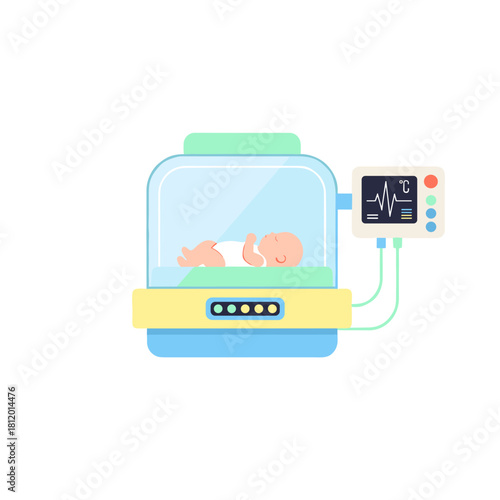 Newborn baby sleeping in incubator with monitoring equipment  