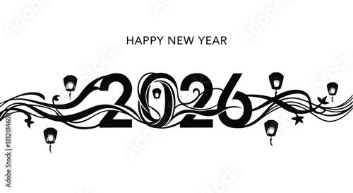 Elegant "Happy New Year 2026" text with decorative flourishes and lantern accents