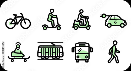 Modern green and black line art transportation icons set, featuring various eco-friendly urban mobility vehicles and walking.