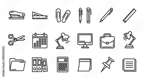 Modern minimalist black line art office supplies and business icons set, featuring various stationery items.