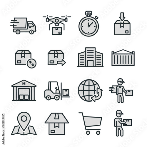 Modern thin line icon set for logistics, shipping, and global e-commerce delivery services.