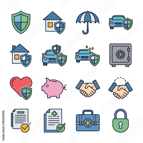 Insurance Icons Set - Shield, House, Umbrella, Car, Heart, Piggy Bank, Handshake, Safe, Document, and Padlock.