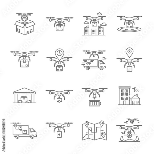 Monochromatic Line Art Icons - Drones, Delivery, Logistics, and Aerial Technology Concepts.