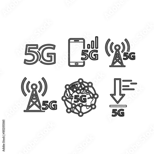 Monochrome 5G wireless technology icon set with smartphone, tower, and network globe.
