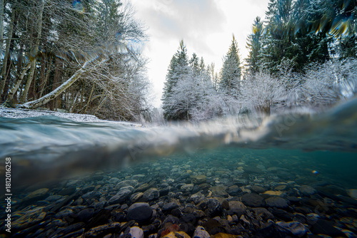 Underwater in a clear mountain creek on a freezing cold morning