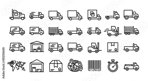 Line art delivery and logistics icons set, featuring various trucks, vans, forklifts, packages, and global shipping symbols.
