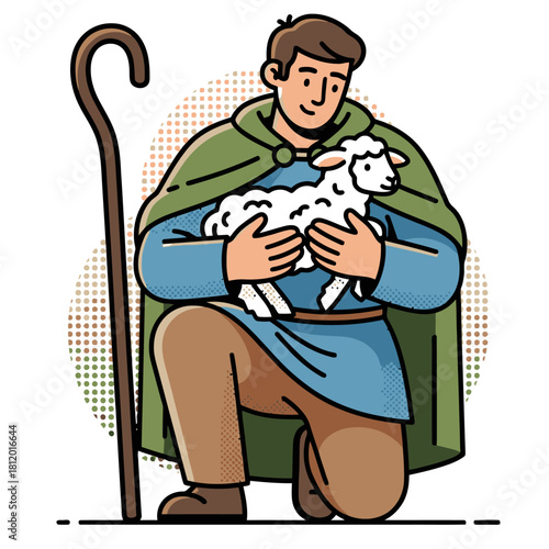 Smiling shepherd in a cloak kneeling and holding a small lamb, with a wooden staff beside him, representing care, agriculture, and faith, vector illustration