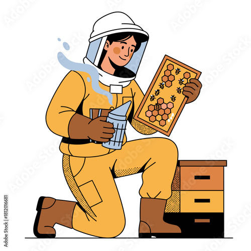 Female beekeeper in protective suit holding a honeycomb frame covered in honey and bees, using a smoker next to beehives, vector illustration