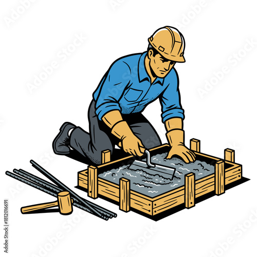 Construction worker pouring cement and leveling concrete for building foundation with trowel in wooden formwork wearing hard hat and gloves, vector illustration