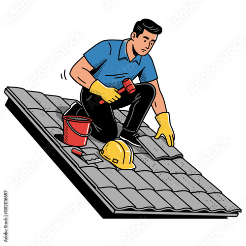 Roof Tiler Worker Installing Ceramic Tiles with Mallet, Professional Roofer Repairing or Laying Roof Covering, Vector Illustration of Building Trade and Service