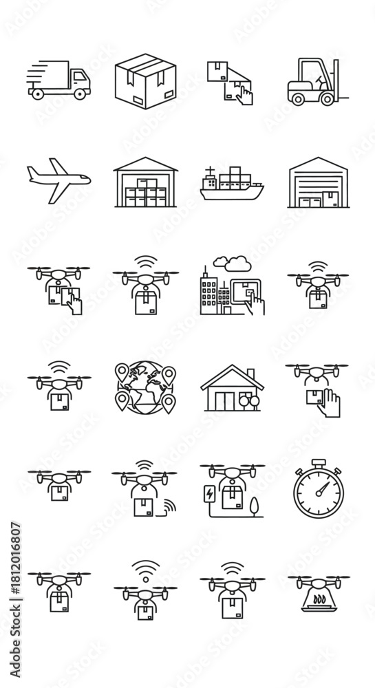 Fototapeta premium Logistics and delivery icon set in a thin line art style, featuring trucks, ships, warehouses, and package drones.