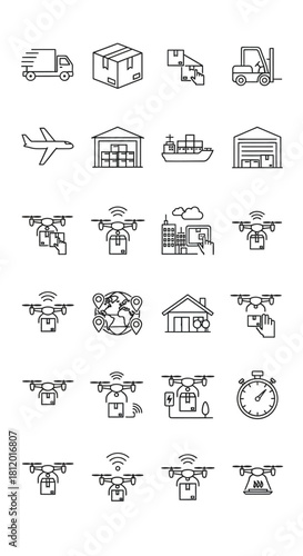 Logistics and delivery icon set in a thin line art style, featuring trucks, ships, warehouses, and package drones.