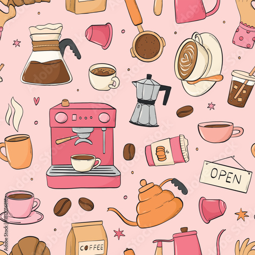 Coffee doodles seamless pattern on pink background for textile prints, wallpaper, banners, scrapbooking, wrapping paper, etc. EPS 10