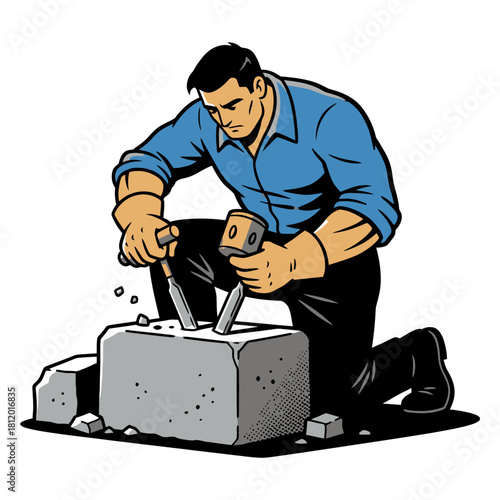 Stone Mason Carving Rock with Chisel and Hammer, Artisan Shaping Stone Block, Vector Illustration of Traditional Craftsmanship and Building Trade