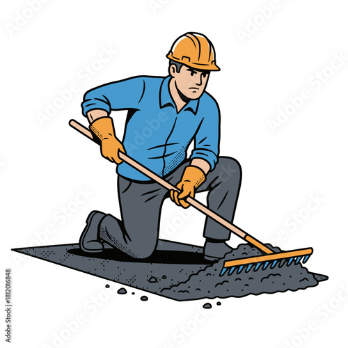 Road Construction Worker Raking and Leveling Asphalt Material, Man Paving New Surface with Hard Hat, Vector Illustration of Civil Engineering and Infrastructure Industry