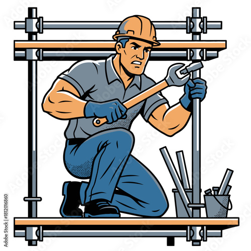 Scaffold Builder Worker Assembling Metal Structure with Wrench, Construction Laborer Erecting Temporary Access Platform, Vector Illustration of Building Industry and Safety