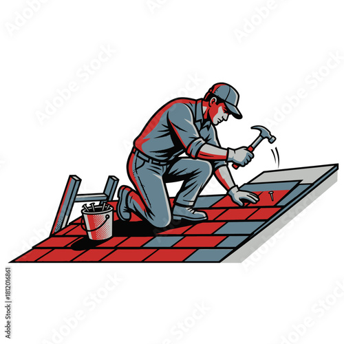 Roofer Nailing Shingles onto Roof with Hammer, Construction Worker Installing Roofing Material, Vector Illustration of Building Trade and Home Repair Service