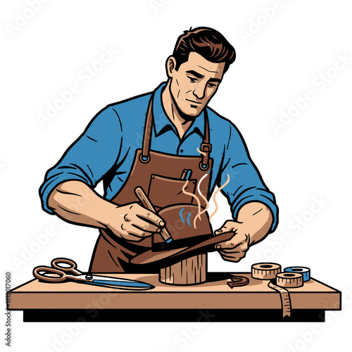 Male Hat Maker Shaping Felt Hat with Steamer and Tools, Artisan Milliner Crafting Traditional Headwear, Vector Illustration of Bespoke Fashion and Vintage Industry