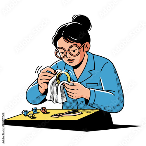 Female Jewelry Artisan Polishing Gold Ring with Cloth, Woman Crafting Bespoke Accessories with Gemstones, Vector Illustration of Luxury Handmade Design and Hobby