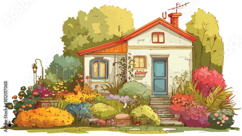 Modern house with lush garden and garden view vector illustration