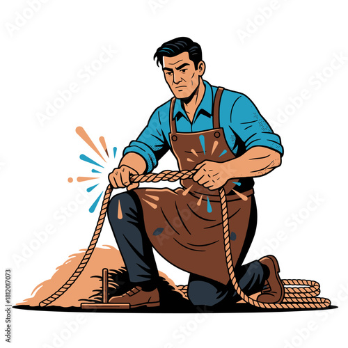 Traditional Rope Maker Twisting Strands to Form Strong Cord, Artisan Manufacturing Natural Fiber Rope by Hand, Vector Illustration of Vintage Craft and Marine Industry
