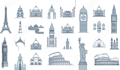 Colorful line art illustration set of famous world landmarks including Eiffel Tower, Taj Mahal, Statue of Liberty, and Pyramids